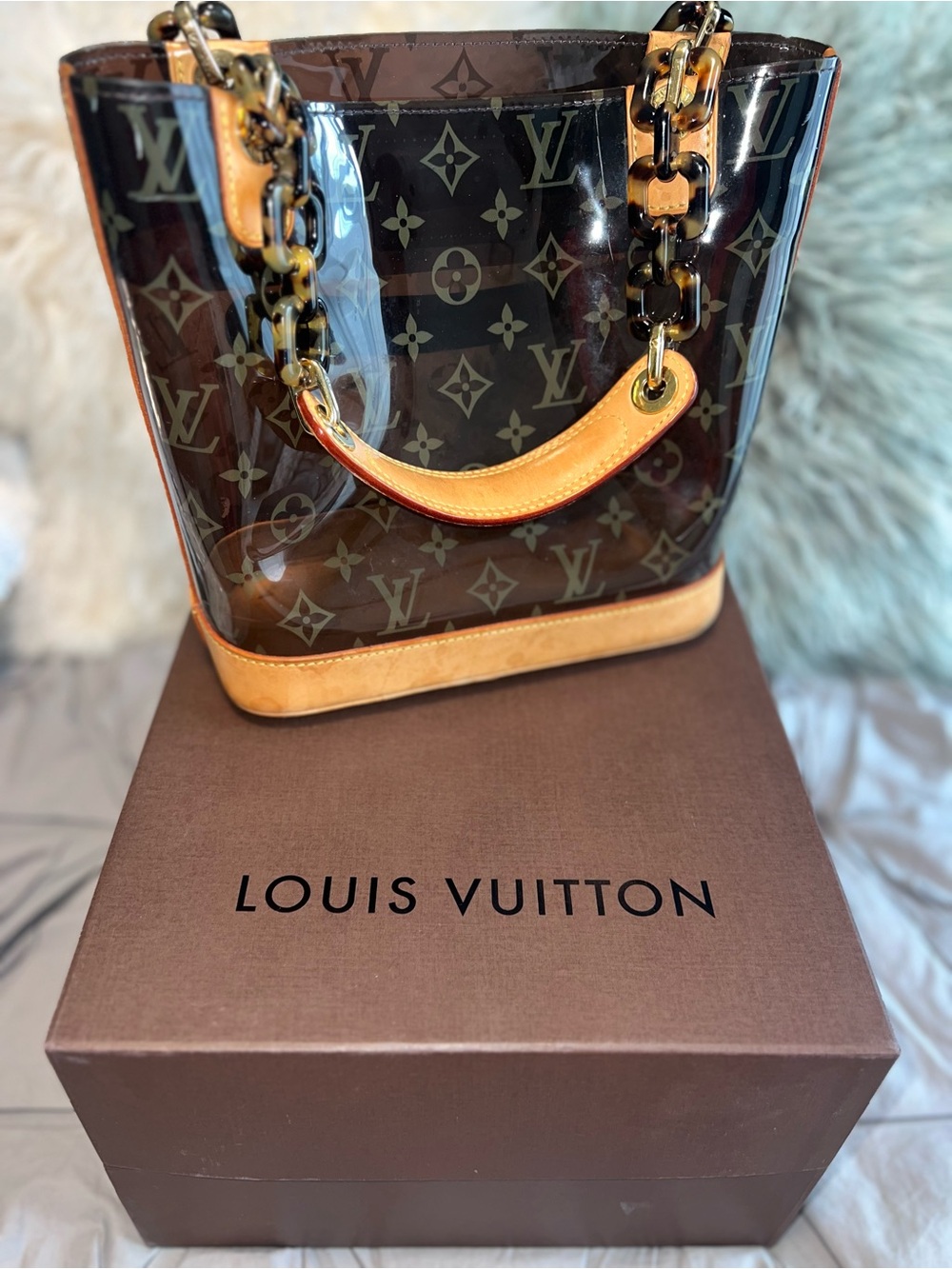 Louis Vuitton Brown Monogram Vernis Tote with Tan Trim and Chain Handles